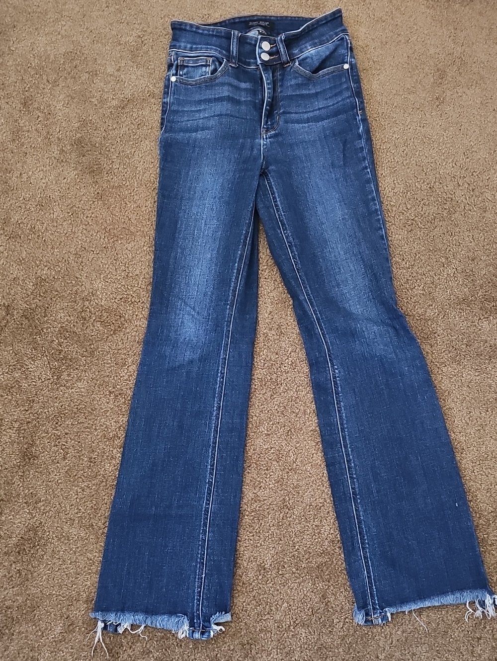 Judy Blue Medium Dark Blue Bootcut Jeans with Frayed Hem